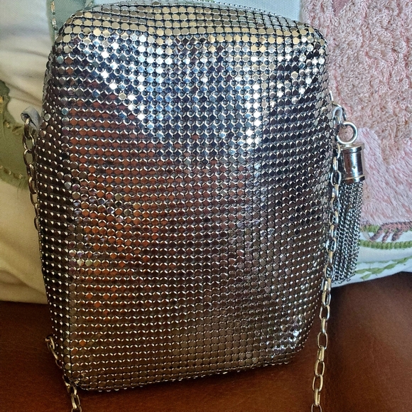 Whiting & Davis Silver Mesh Metal Tassel Crossbody - Picture 3 of 15